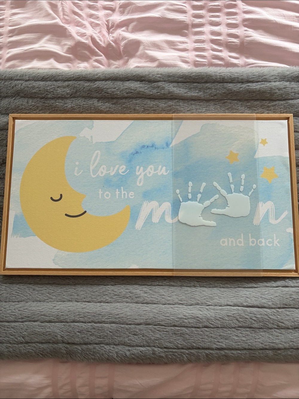 Moon Handprint Nursery Canvas Wall Art - Yellow Moon Blue Background